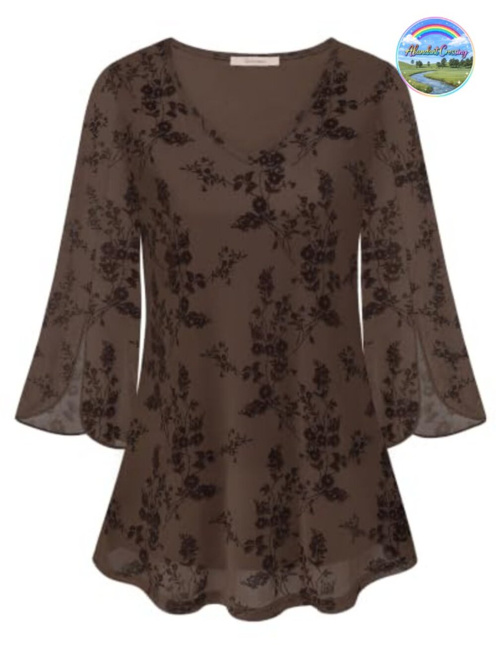 Womens Ruffle 3/4 Sleeve V Neck Mesh Tunic Blouse Flowy Loose Fit Top